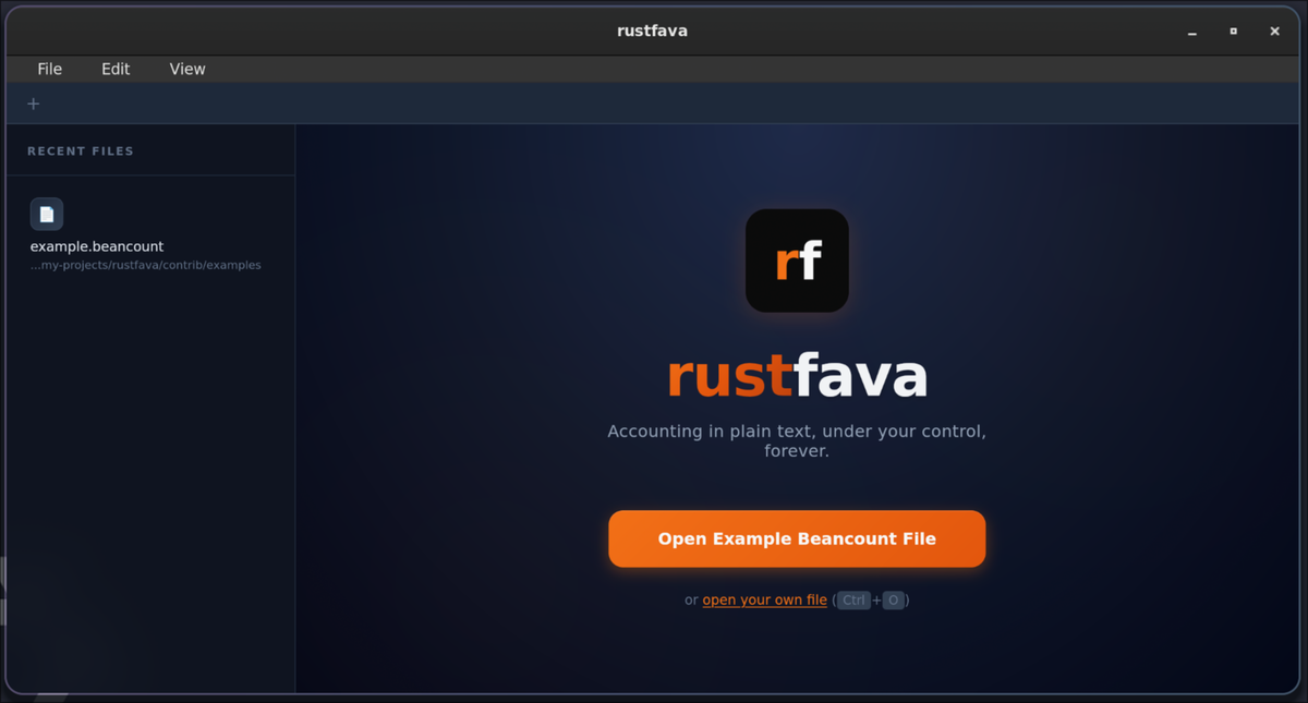 rustfava launcher showing file picker and recent files